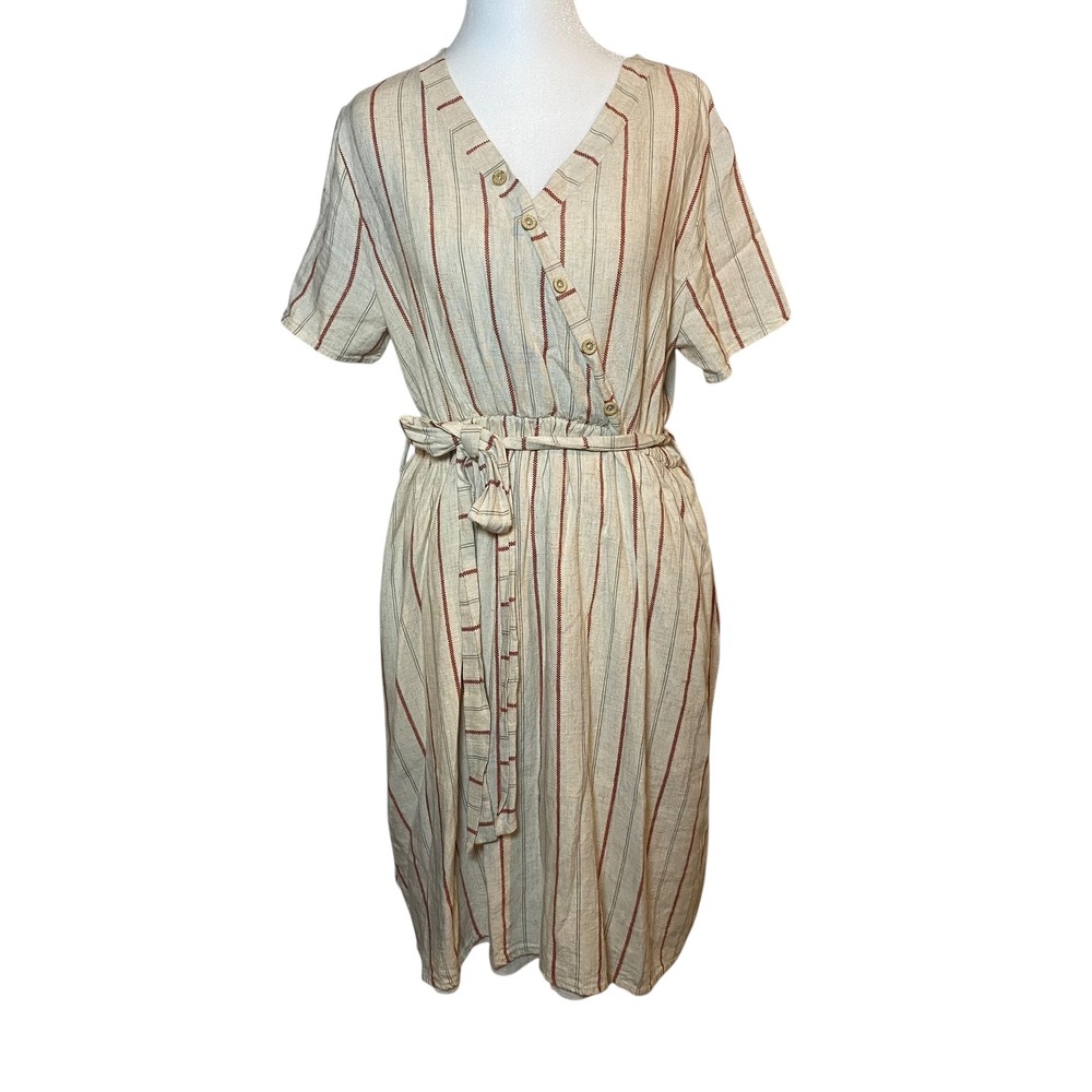 Lake Flower Striped Midi Dress Casual Button Front with Belt Size L Linen Blend